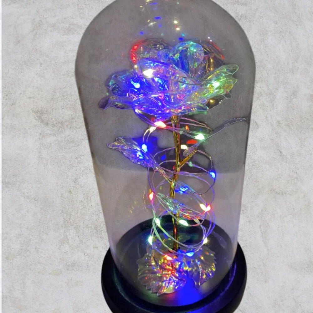 LOVE FOREVER LED ROSE -- Metallic Rose Inside Glass Dome, Lighted, LED, Like New